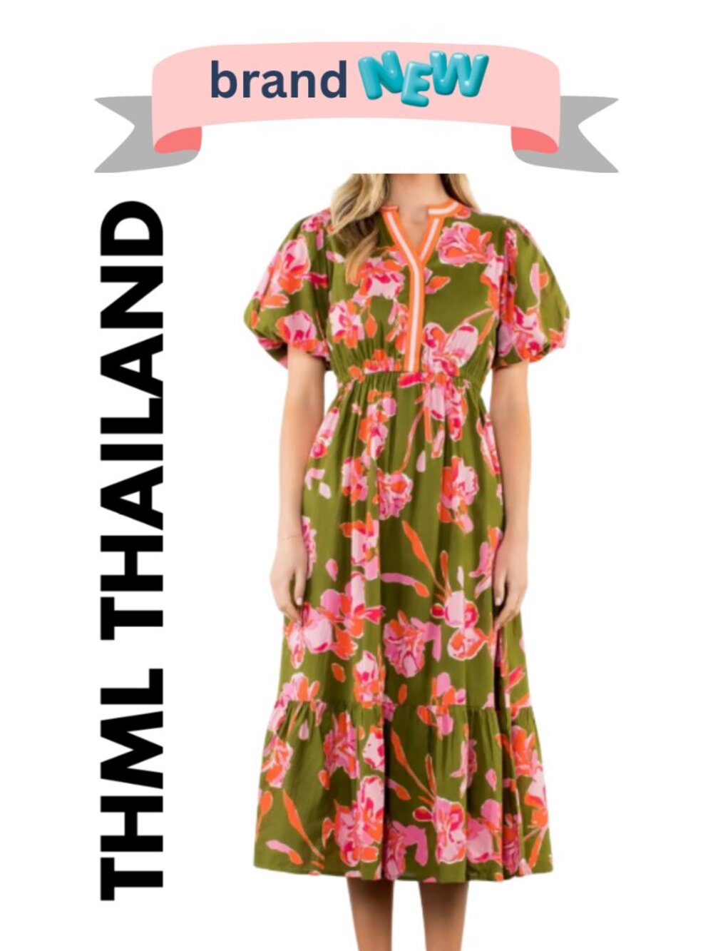 THML Thailand Puff Sleeve Floral Midi Dress- Olive Size Small - New w/Tags